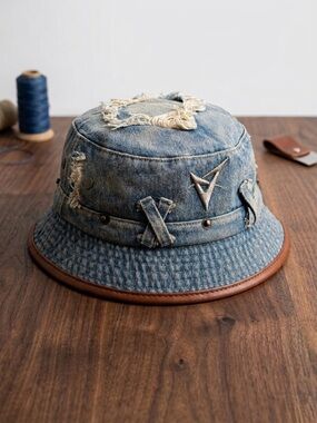 Casual Blue Denim Bucket Hat with Leather Trim